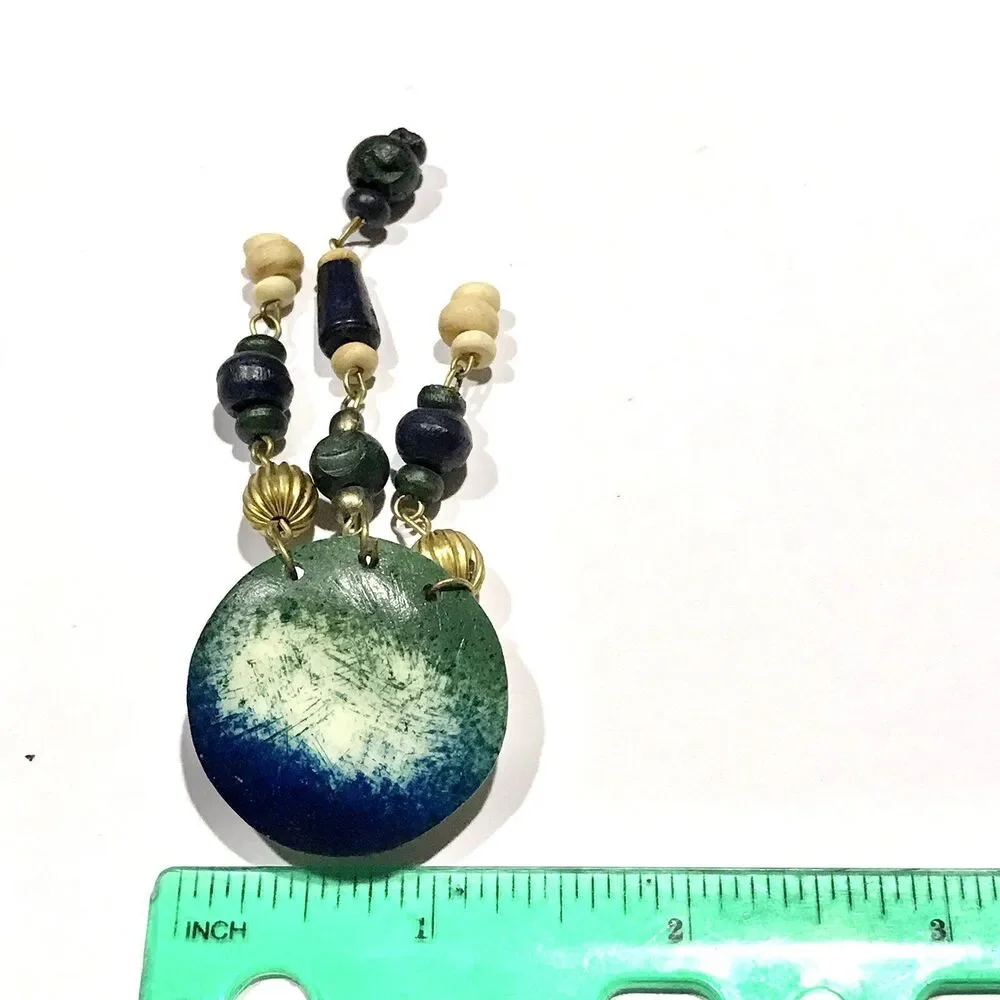 Vintage Boho Wood Beaded Resin Brooch Pin Gold Tone Blue Green Beige Artist Made
